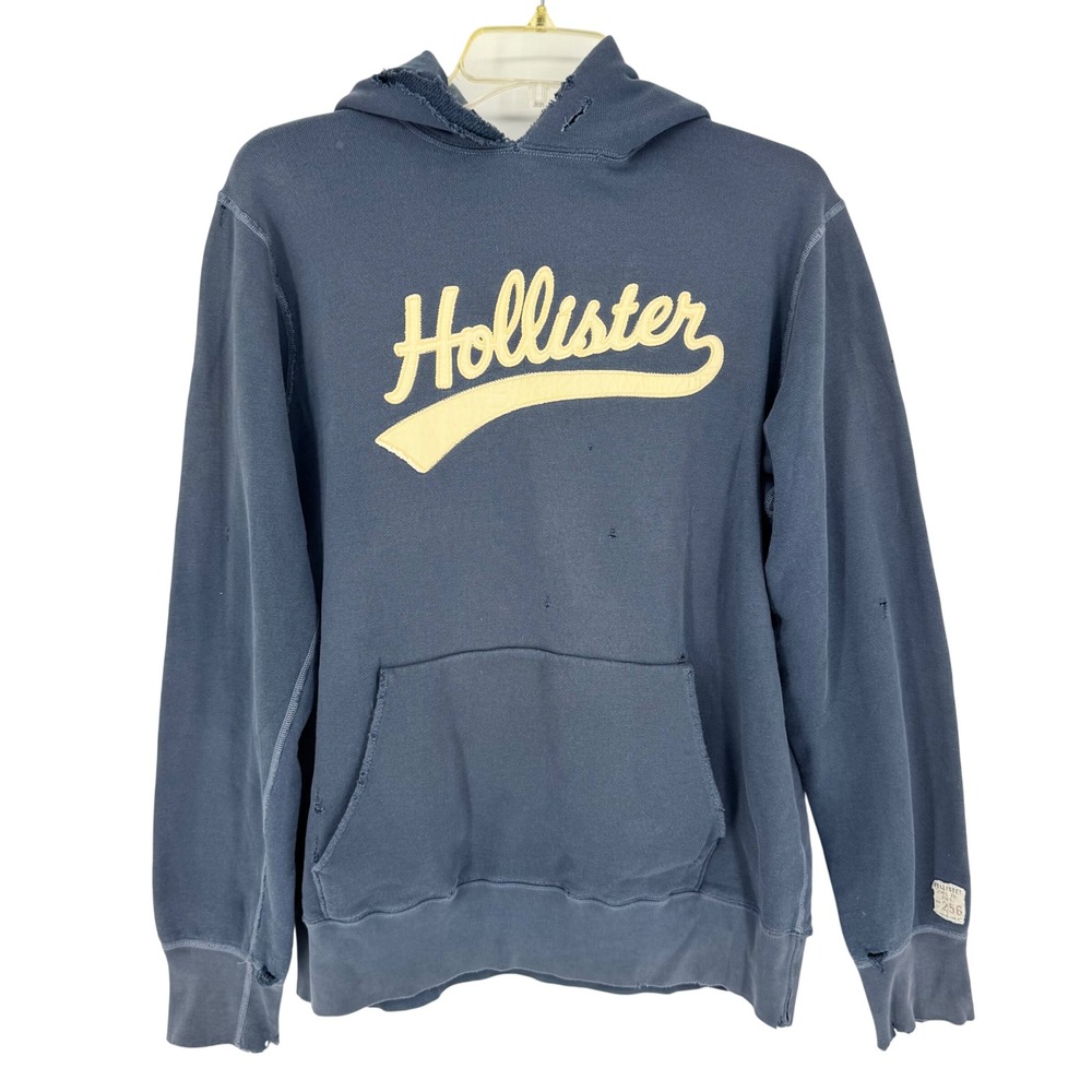 Vintage Y2K Hollister Raised‎ Lettering Distressed Hoodie Navy Size L Unisex